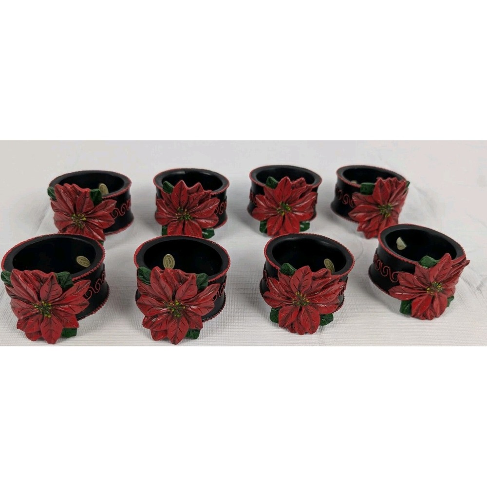 Set of 8 Resin Poinsettia Christmas Napkin Rings